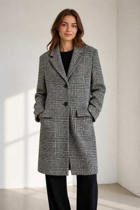 Sandro Jackets & Blazers - Sandro Women's Black White Plaid Wool Blend Long Coat Size 40